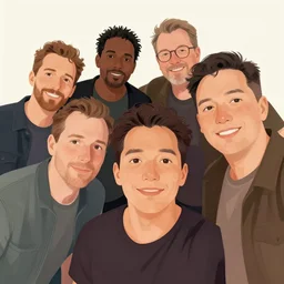 a detailed illustration of a small group of men posing for a selfie, by jamie hewlett, trending on artstation