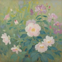 a painting of flowers in a garden by sanso, detailed