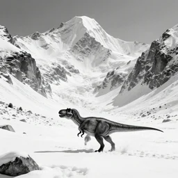 distant tyrannosaurus rex large theropod dinosaur inside a valley, huge snowy peaks, in the style of ansel adams, black and white, old, master photography