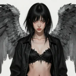 a beautiful illustration of a blackhaired girl - archangel with gray wings, black open jacket, black bra, intricate, sharp focus, illustration, highly detailed, digital painting, concept art, matte, art by wlop and artgerm and greg rutkowski and alphonse mucha, masterpiece