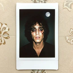 an instant photo of a handsome but creepy man in layers of fear, with haunted eyes and wild hair, 1 9 7 0 s, seventies, wallpaper, a little blood, moonlight showing injuries, delicate embellishments, painterly, offset printing technique, by mary jane ansell, jules bastien - lepage