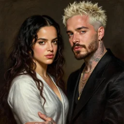 rosalia and j balvin, highly detailed, highly detailed, digital painting, trending on artstation, sharp focus, illustration, art by artgerm, old masters, maher morcos