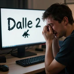man crying in front of computer crying with dalle - 2 written on the monitor of the computer, beeple game icon,