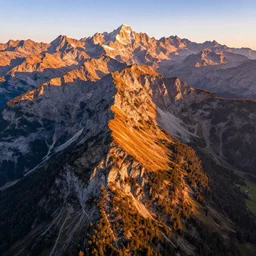 matte painting of beautiful mountain landscape in the bavarian alps, by albert whitlock, amazing details, beautiful composition, vibrant colors, bird eye view, luminescent, warm hue's
