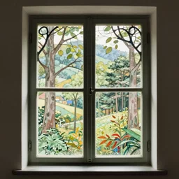 beautiful large window with four panes, four yearseason is represented by peter mohrbacher, art nouveau, landscape, cinematic