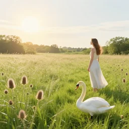 thistles, dew on the grass, sun, woman and a swan. a meadow, late english summer
