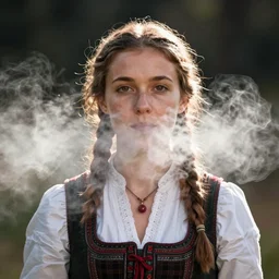 portrait photography of tyrolean farmer witch, fog from mouth
