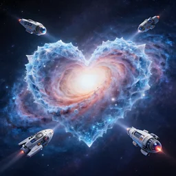 spaceships flying through an ice galaxy made of love, in the style of wlop, illustration, epic, fantasy, hyper detailed, smooth, unreal engine, sharp focus, ray tracing