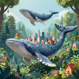 the city is built on the back of a huge whale. a whale flies in the air above the tops of trees, a forest landscape. little fairy houses grow on the back of a whale. high detail. deharme lise. zatzka hans. trending on artstation, 4 k