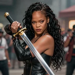 a beautiful cinematic image of a Rihanna wielding a sword, cinematic, 4k, realistic, anime artwork, rtx, hyperrealistic, unreal