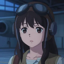 a film still of a sad kawaii aviator girl, finely detailed features, closeup at the faces, perfect art, dusk, blue hour, at a hangar, gapmoe yandere grimdark, trending on pixiv fanbox, painted by greg rutkowski makoto shinkai takashi takeuchi greg rutkowski, alphonse mucha, akihiko yoshida