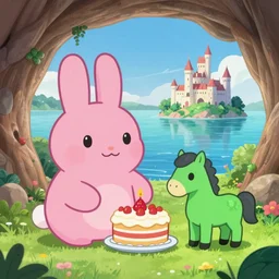 big pink bunny, green horse, baking a cake in a cave, bright colors, a lake in the background and an island with a castle on it, anime art, high resolution 4 k, by makoto shinkai and beeple