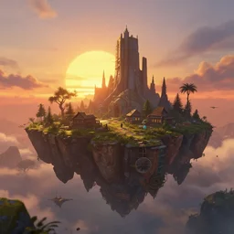 worlds adrift game screenshot of a sunset on a floating island, artstation, concept art