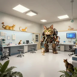 wide angle of a cat field clinic, concept art out of the game borderlands, highly detailed