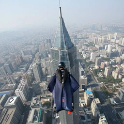someone wingsuit basejumping from a cyberpunk skyscraper, view from directly behind, wide angle, extreme angle, by paul lehr
