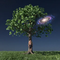 A tree turning into a man who is turning into a galaxy