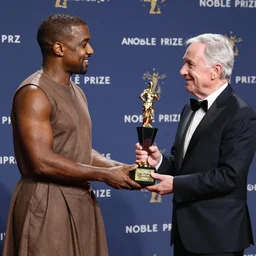 Kanye West wearing a dress, receiving the Noble Prize from Anthony Fauci