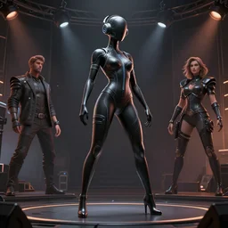 digital zbrush concept art by morello, simon dubuc, chase stone and illustrator of riot games. just one lonely black tape project show attctive showgirl!! full body!! future head set. contour light effect!! 8 k. stage light. octane render. sharp edge. ultra clear detailed