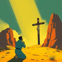 by dean ellis jack gaughan, beautiful graphic full body portrait by petros afshar, a kneeling at the cross, 1 9 7 0 s illustrated advertising art, painterly character design by petros afshar, quint buchholz, cuno amiet, will barnet, hsiao - ron cheng