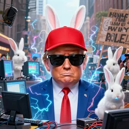 character art by ruan jia, donald trump wearing wayfarer glasses and red baseball hat at a protest filled with bunnies, electrified, electric powers, streets filled with computer equipment, computer monitors, cat cables