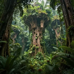 tropical jungle, wall wood fortress, Hyperrealistic CGI, Photorealistic, plants environment, wide angle, establishing shot, cinematic lighting, atmospheric, realistic, octane render, highly detailed, color graded, matte painting in the style of craig mullins