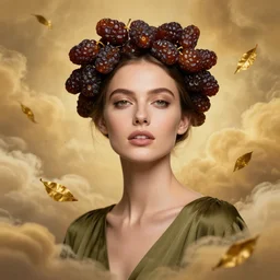 epic portrait of beautiful female face supermodel portrait wearing brown dates fruit crown, olive dress, golden tea leaves flying in sky by amy leibowitz, wlop, jeremy lipkin, beeple, intricate, artgerm, ilya kuvshinov, golden clouds background