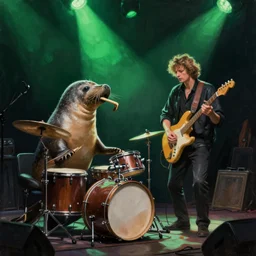 a beautiful painting by aleksi briclot of an elephant seal playing drums and telecaster guitar in a concert stage, dark background, green concert light, dark mood