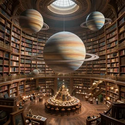 professional digital art of an infinite library filled with floating ringed planets, fancy library, fantasy, high quality, hd, 4 k, 8 k