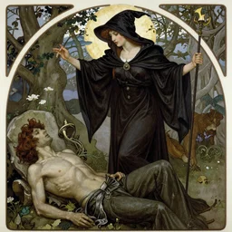 a beautiful female necromancer raising the dead by alphonse mucha by jules joseph lefebvre