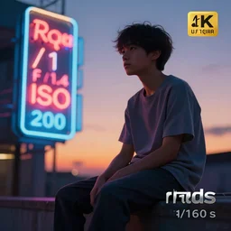 a figure of boy sitting on edge, dusk sunset in background, neon signs, close up, by rhads, xf iq 4, f / 1. 4, iso 2 0 0, 1 / 1 6 0 s, 8 k, raw, featured in artstation, octane render, cinematic, elegant, intricate, 8 k