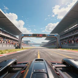 angled up low angle wide angle shot worms eye view of a realistic futuristic vehicle racetrack finish line with confetti on a sunny day with a clear blue cloudy sky, cyberpunk, digital painting, good value control, crowded stands, rule of thirds, golden ratio, horizon line focus, sharp focus, fourze, realistic textures, f - zero, 8 k