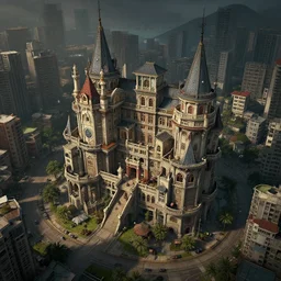 sprawling fantasy winchester mystery house, high quality, kowloon walled city, sprawl, cell shading, trending on artstation