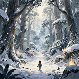 A beautiful painting of dreamscape dofus jungle winter in Xenoblade Chronicles video game land world screenshot by Carl Warner and Jim Woodring, Trending on artstation:1.5,   sweet joy harmony color scheme           white,black,light,fire:-1