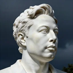marble white statue of Elon Musk, photo of the head of the statue