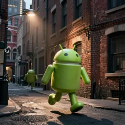 paranoid android on the run, around the corner ,down the alley of a big city with brick buildings and street lights.