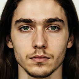 young man, long hair, short facial hair, no mustache, dark green eyes, dark eyebrows, light widows peak light facial hair, in the style of mauritz cornelis escher, 8 k, raw, unedited, symmetrical balance, in - frame