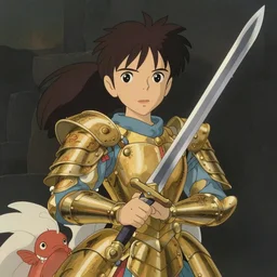 young goddess, realistic proportions, beautiful face, in goldfish armor, wielding a fish sword, symmetrical, highly detailed painting in the style of studio ghibli