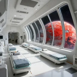 epic professional digital art of interior scene of large white cargo bay in a spaceship with upright glass sleeping pods lining wall and huge glass windows overlooking a lush red alien planet, 4 k, cinematic, detailed, best artstation, cgsociety, epic, stunning, gorgeous, wow wow detail