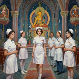 a stimulating and psychedelic detailed intricate photorealistic painting of nurses and doctors on onlyfans at chernobyl in a church of bad vibes, by sixmorevodka studio. tibetan paintings. trending on artstation. photorealistic. unreal engine