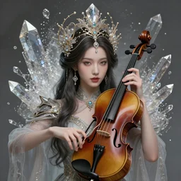 opulent fantasy violin, fractal crystal, (((beauty portrait))) by WLOP, James Jean, Victo ngai, unreal engine, beautifully lit, fantasy headgear, elegant, muted colors, highly detailed, fantasy art by Craig Mullins, Thomas Kinkade