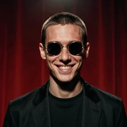 portrait of a slender man with short hair and rounded sunglasses, malevolent smile, atmospheric and obscure, under a spotlight, against a red curtain, by roger deakins, cinematography, syd mead, alex ross, realistic, 5 0 mm