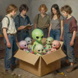 a group of people standing around a cardboard box full of tentacled alien babies, an ultrafine detailed painting by john philip falter, shutterstock, american scene painting