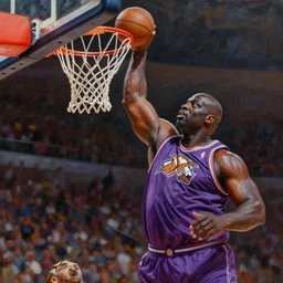 an oil painting of a tiger dunking a basketball over Shaq Trending on Artstation, featured on Behance, well-rendered, fine detail, extra crisp image, Unreal Engine, 4K HD