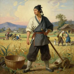 full character of a handsome ancient chinese farmer in farm, painting by gaston bussiere, katsuya terada, nc wyeth, greg rutkowski, craig mullins, vermeer, frank frazetta, mucha, tom of finland, trending on artstation, jeffery catherine jones