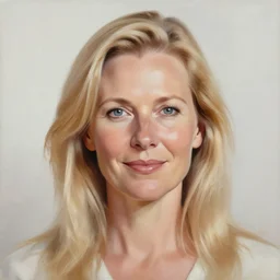 portrait painting of woman from scandinavia, middle - aged, blonde hair, daz, occlusion, smiling and looking directly, brushstrokes, white background, art by enki bilal