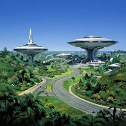 beautiful matte painting of green gardens with roads on a futuristic sci-fi space station, cinematic angle, cinematic lighting, blue sky, by Syd Mead, John Harris, Federico Pelat
