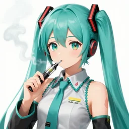 hatsune miku high on weed with bloodshot eyes smoking with a vape pen.