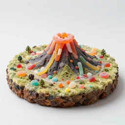 miniature volcanic island made of candy, diorama picture, 5 5 mm, candy - island