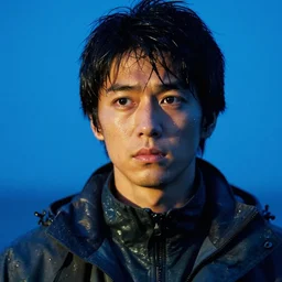 a close up photographic portrait of a handsome japanese actor wearing wet weather gear looking worried taken by annie leibowitz. cinematic lighting, blue background colour, 5 0 mm, subsurface scatter, sci fi.