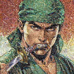 Rafael Albuquerque comic cover art, a handsome Asian man in a green turban looking wickedly at the viewer with the hilt of a Japanese samurai sword in his teeth.